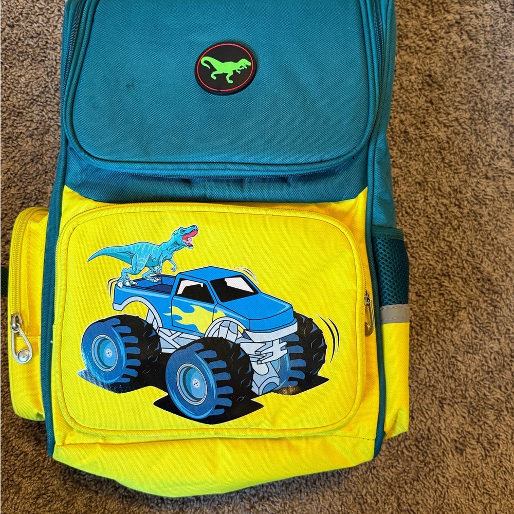 Kids Blue and Yellow Monster Truck Backpack with Dinosaur